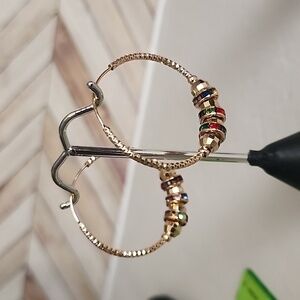 Gold Filled Textured Hoop Earrings with Multi Color Crystals New